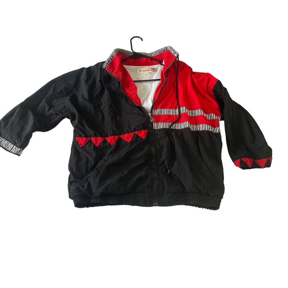 Vintage G Casuals Windbreaker Jacket XL Black Red Colorblock Striped Nylon Zip